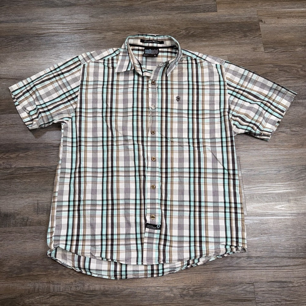 Southpole Shirt Mens Large Short Sleeve Button-Up Plaid Pattern Brown White Teal